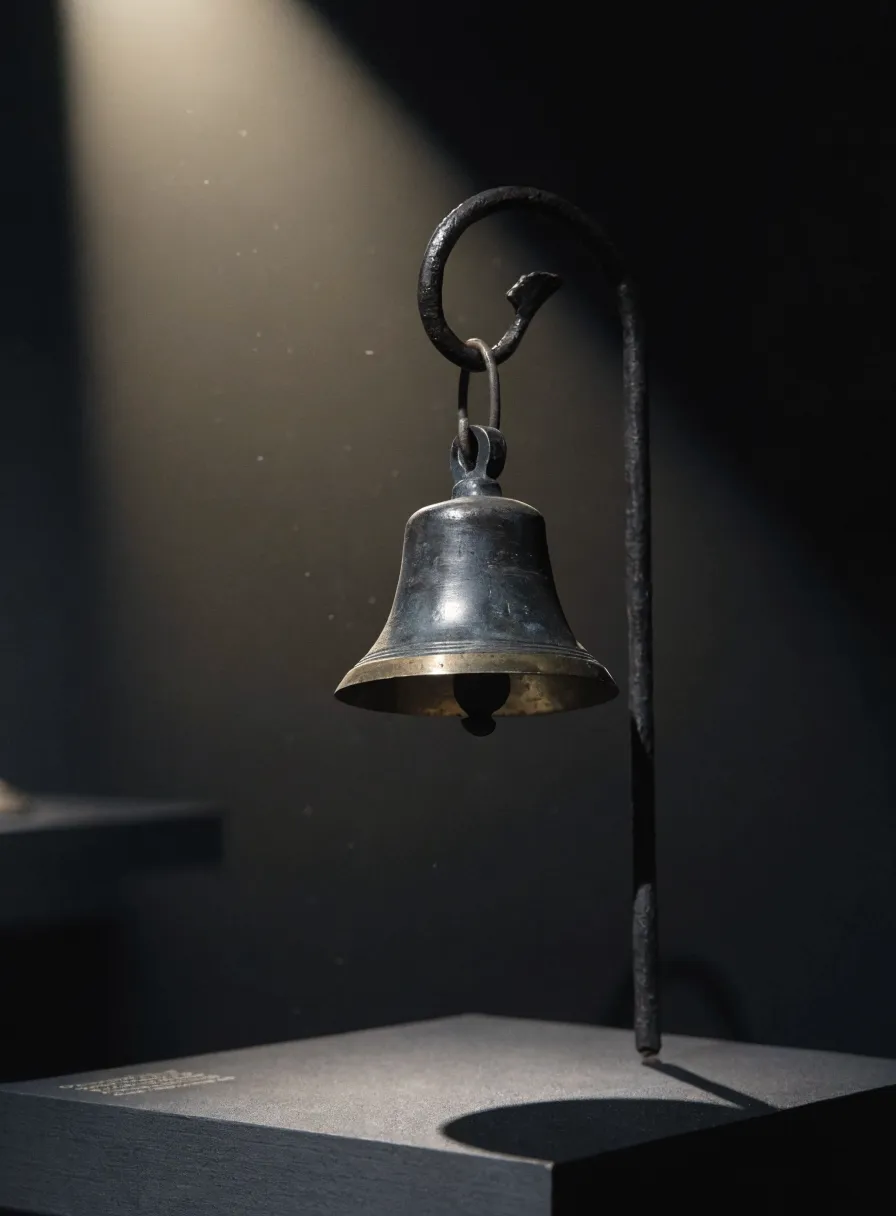 A dark bronze bell without a clapper hanging from a slender wrought iron stand, a soft pool of light spilling down the wall behind it.