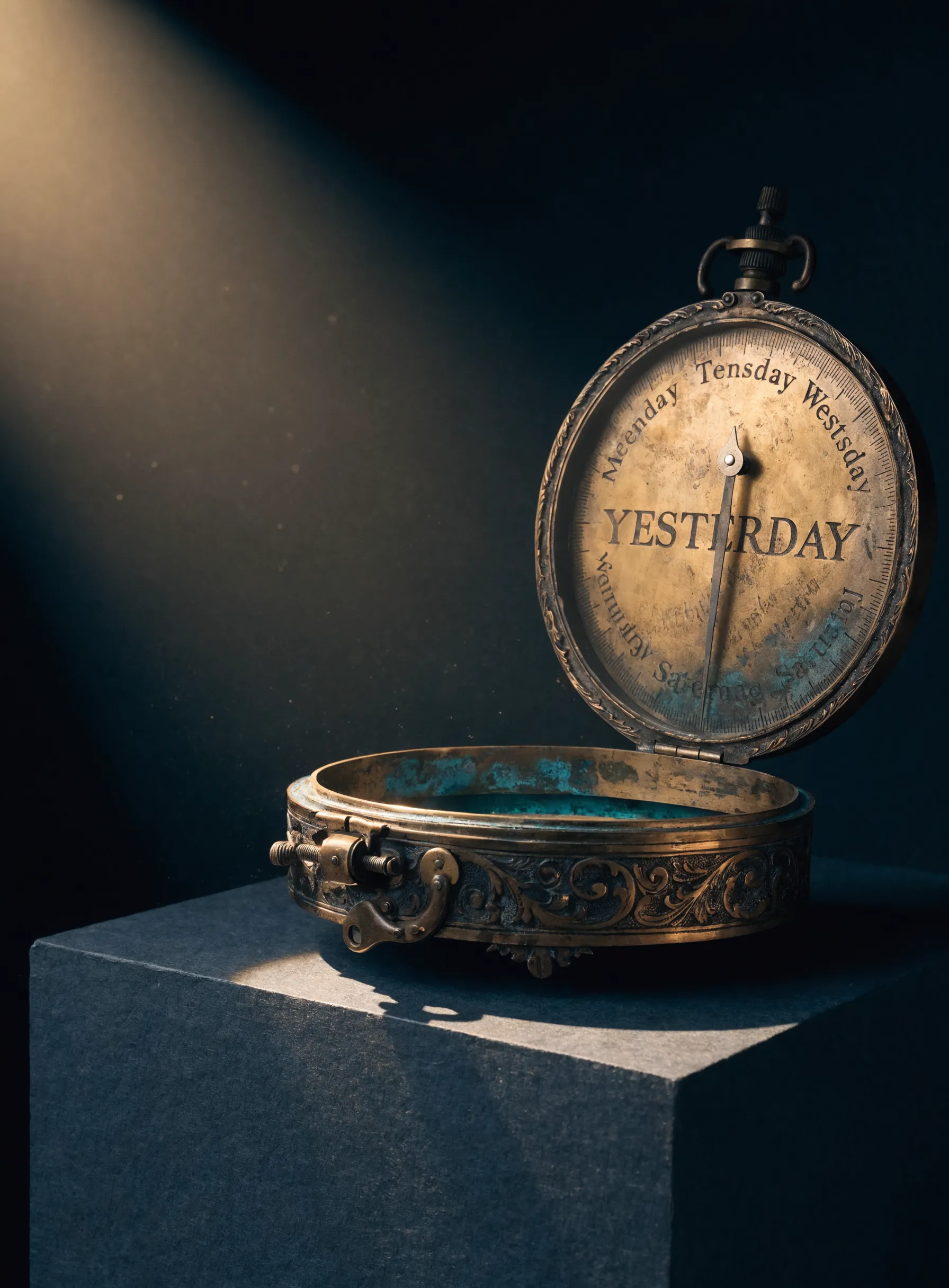 An opened brass compass on a charcoal plinth, its patinated dial engraved YESTERDAY among invented day names, a single thin needle pointing back down the dial, lit by one warm beam.