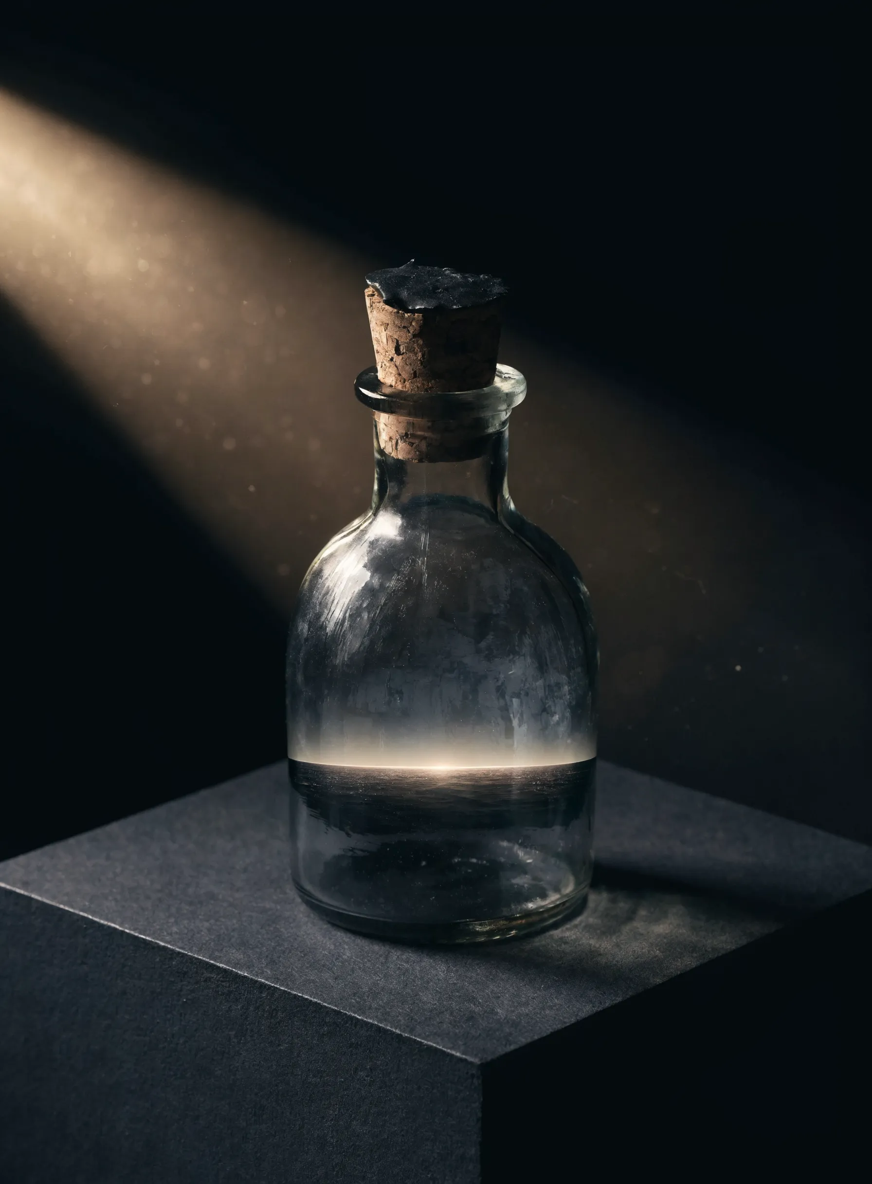 A corked apothecary bottle holding a glowing sea horizon, a thin line of last light across dark water sealed inside the glass, dust drifting through the spotlight above.