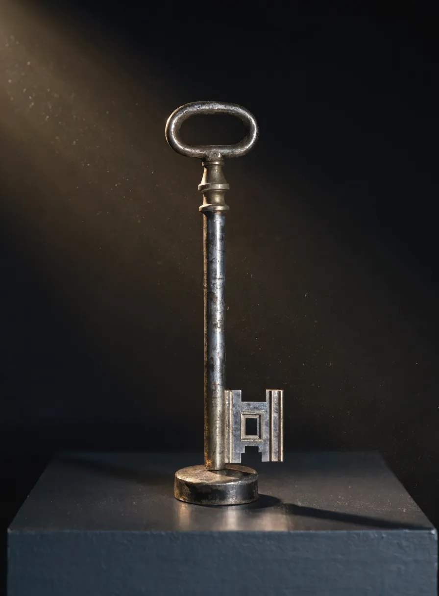 A tall tarnished key standing upright on a charcoal plinth, its bit cut in the shape of a tiny doorway, dust motes falling through a warm shaft of light.