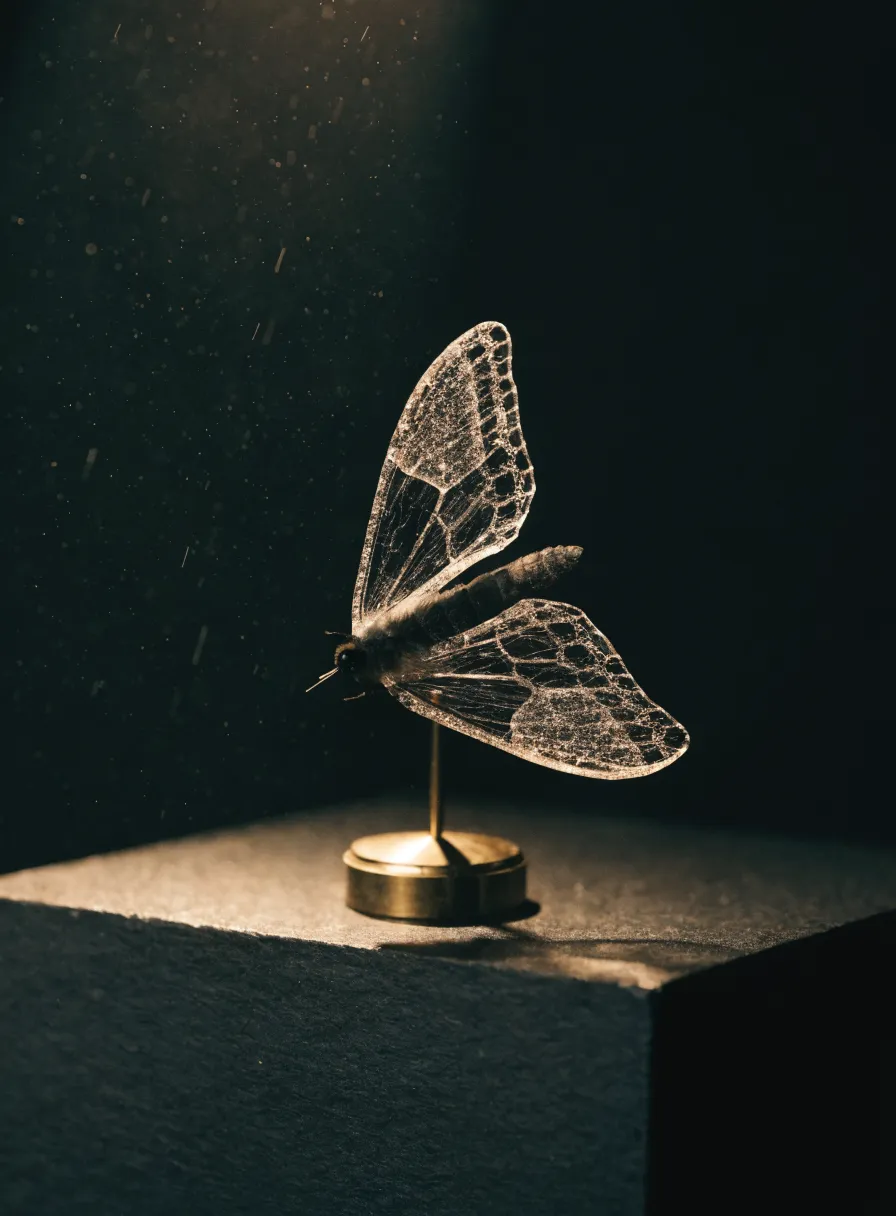 A moth with translucent wings of woven glass lace, mounted on a small brass stand, its filament wings catching a pale beam against near-black darkness.
